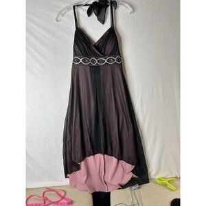 Y2K Vintage City Triangles Black & Pink Beaded Halter Cocktail Prom Dress Med